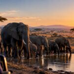 Elephants gathering at an African waterhole