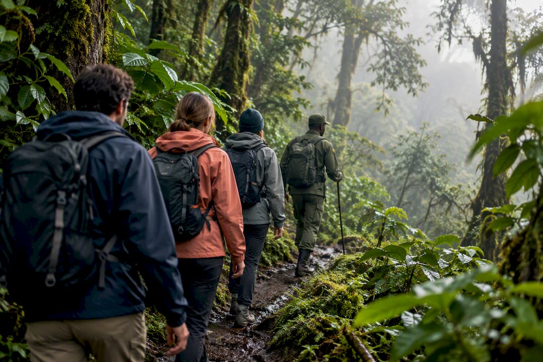 Trekkers following a ranger through misty forest
