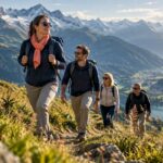 Corporate group hiking in Swiss Alps