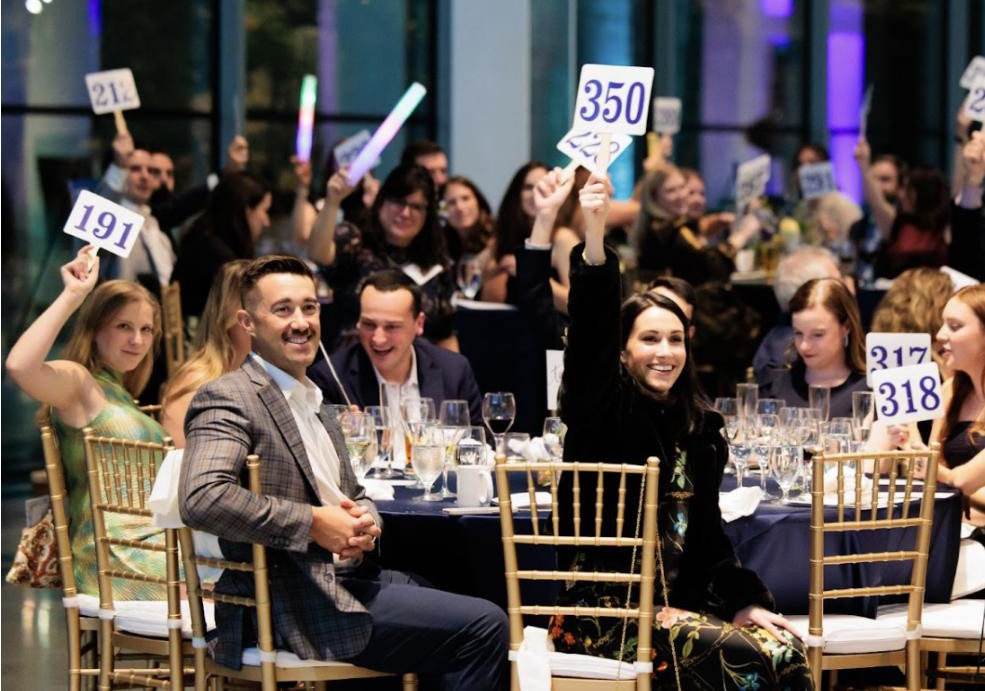 Guests raising bidding paddles during a charity live auction