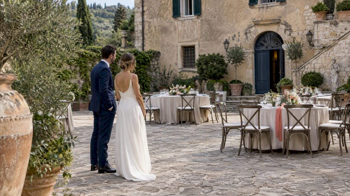 Couple inspecting Italian villa wedding venue