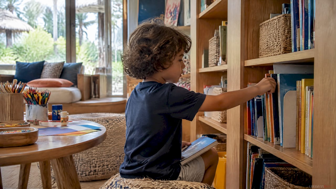 Child choosing a book in resort kids club
