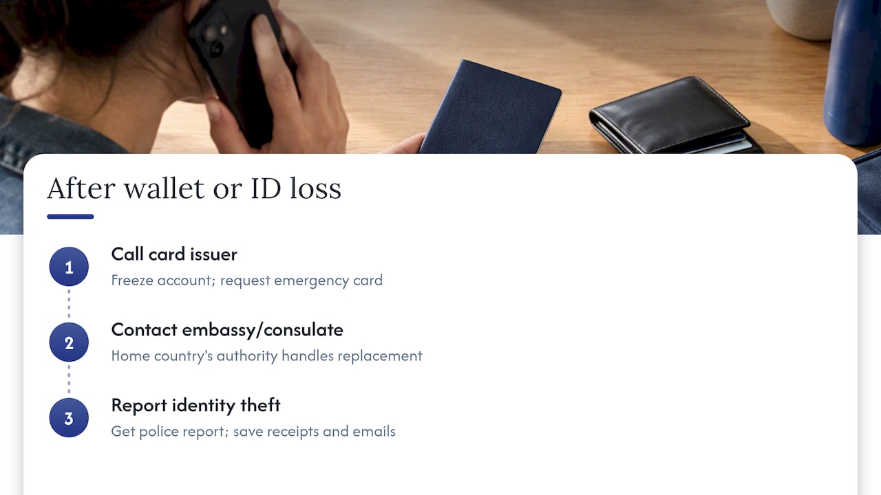 Handling credit cards, passports, and ID issues abroad — overview diagram