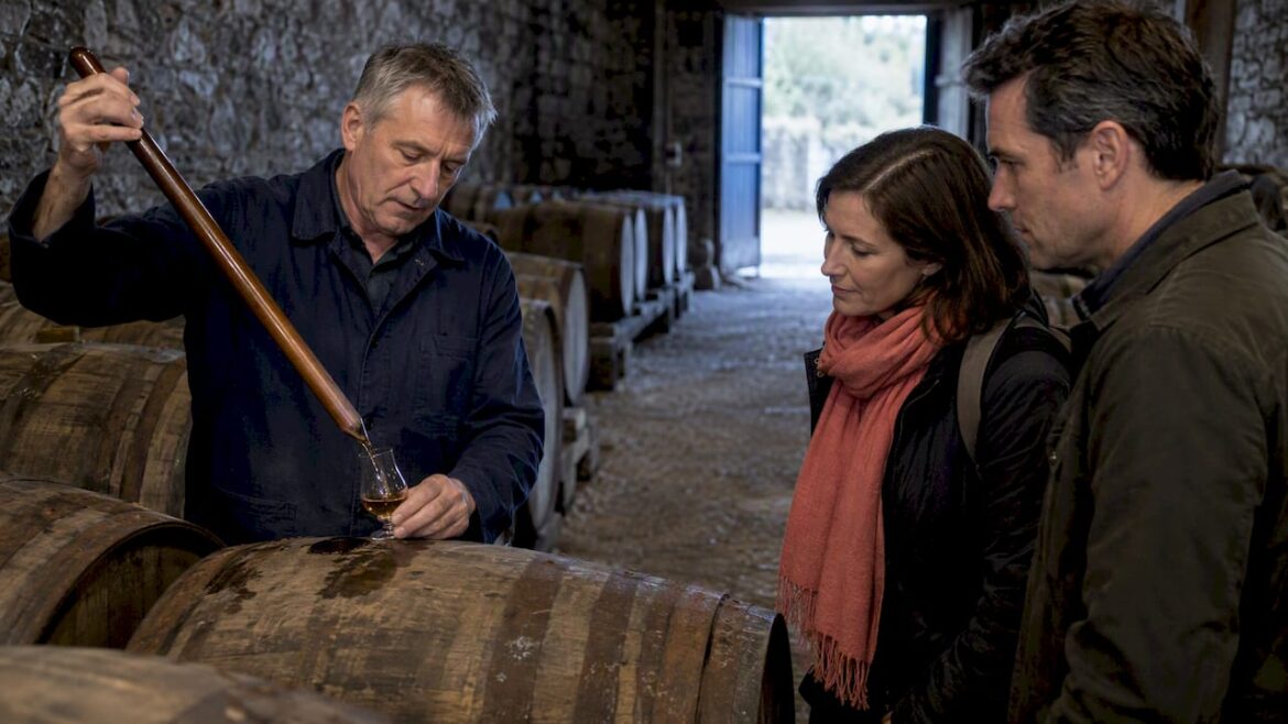 Guide sampling whisky from a warehouse cask