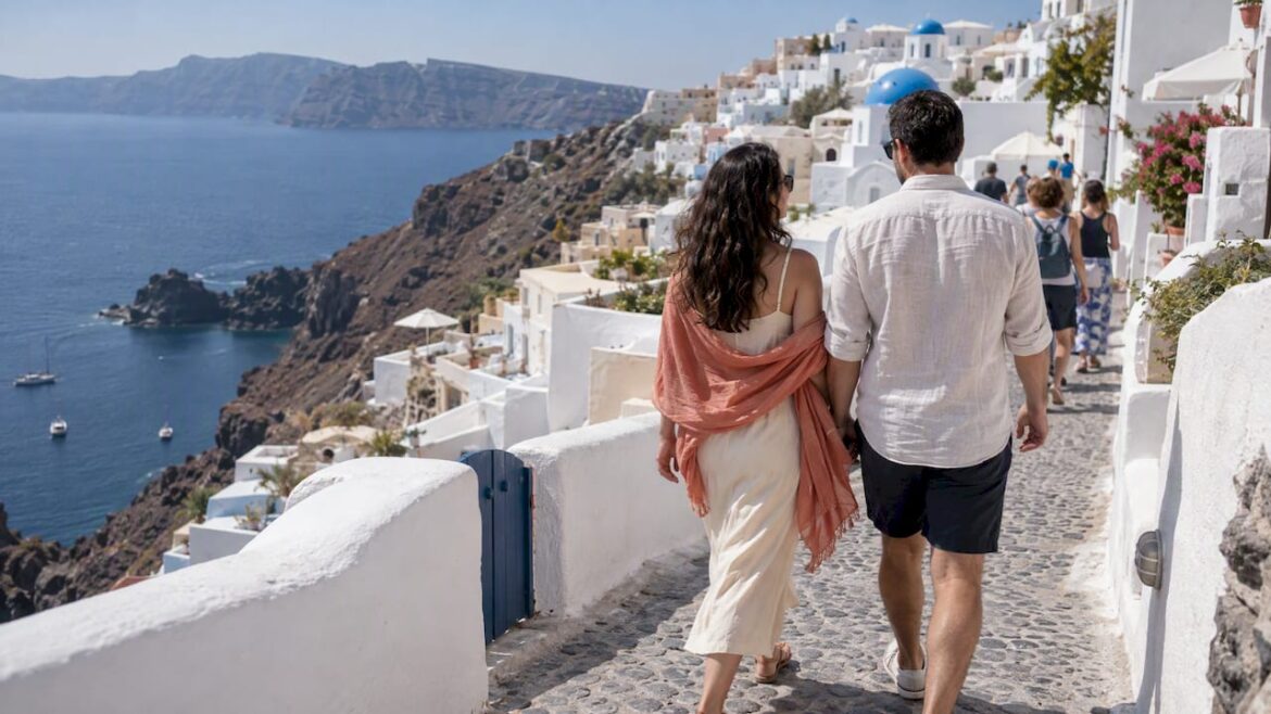 Honeymoon couple walking above Santorini’s caldera