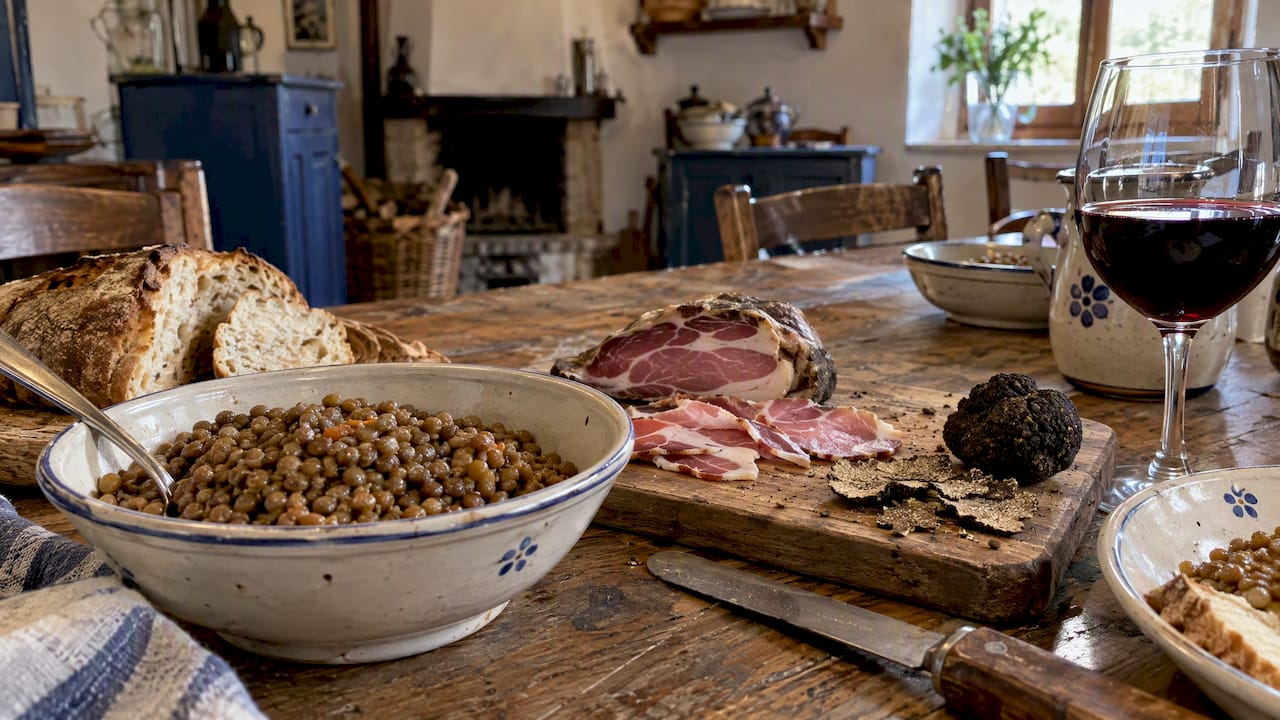 Umbrian lentils truffles pork and wine