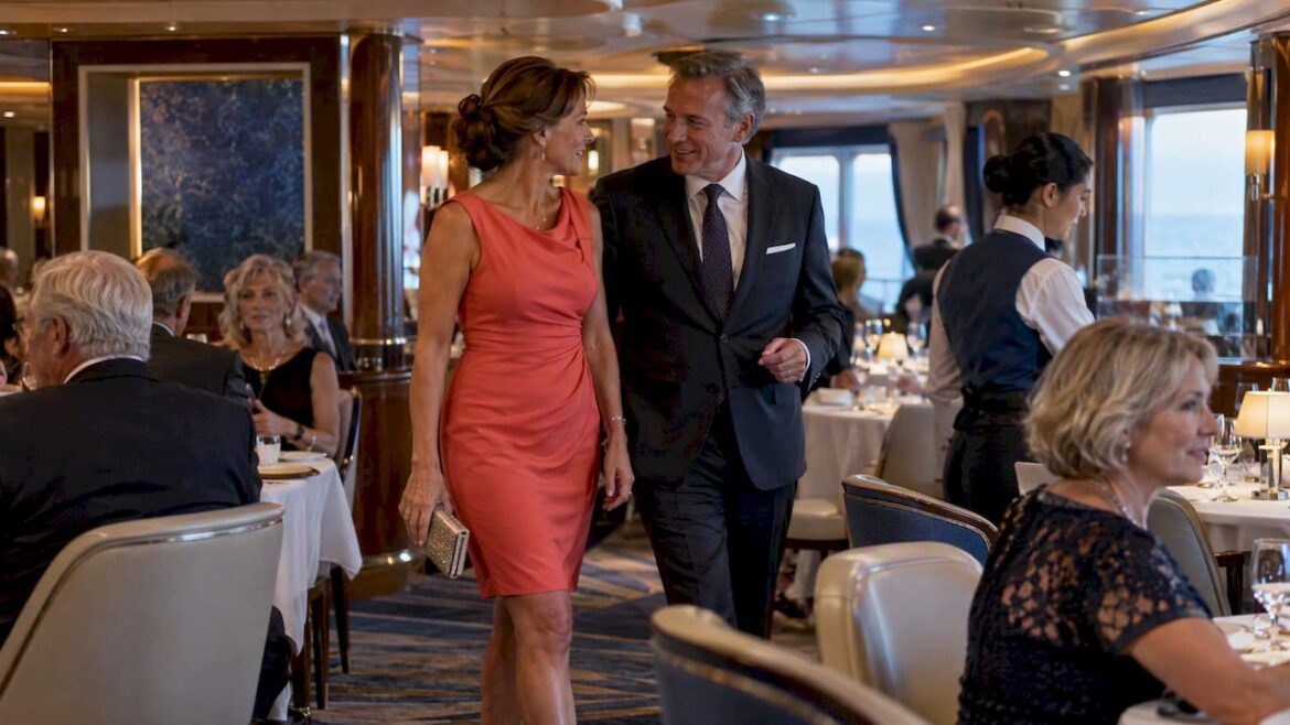 Guests dressed for dinner aboard a cruise ship