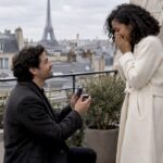 Couple sharing a proposal on a Paris terrace
