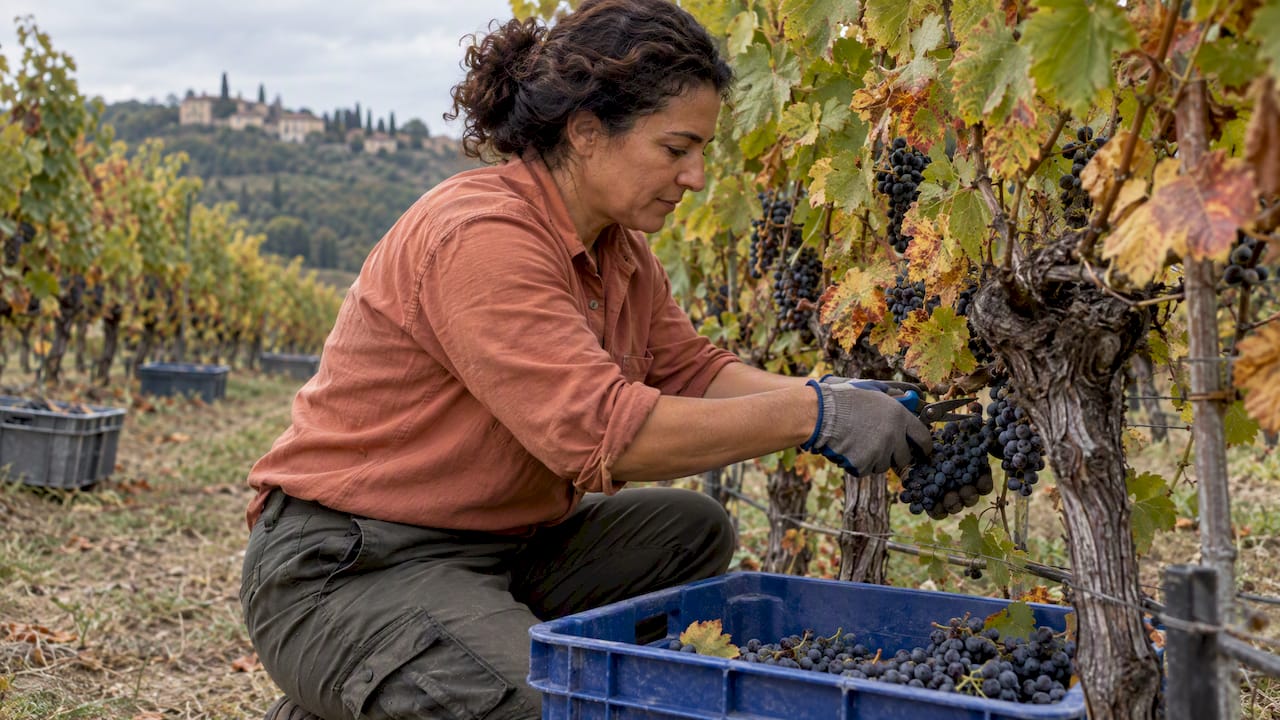 Worker harvesting grapes in an autumn vineyard