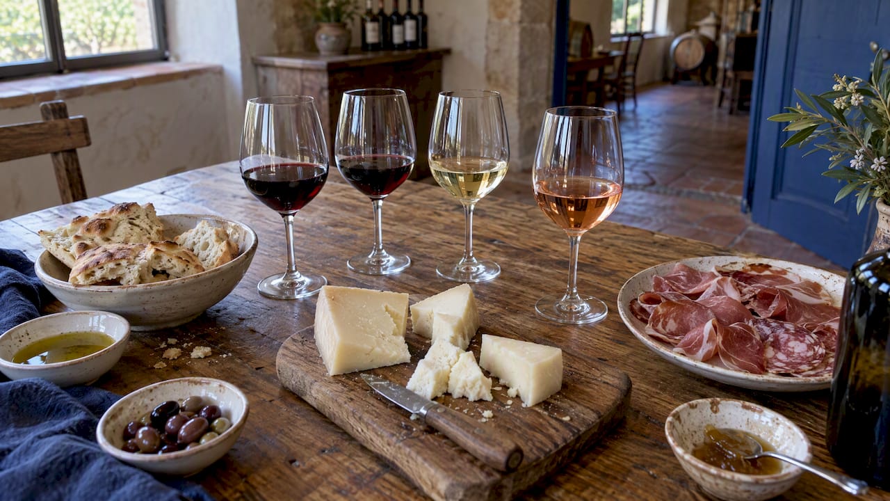 Pecorino and flatbread with Tuscan wine