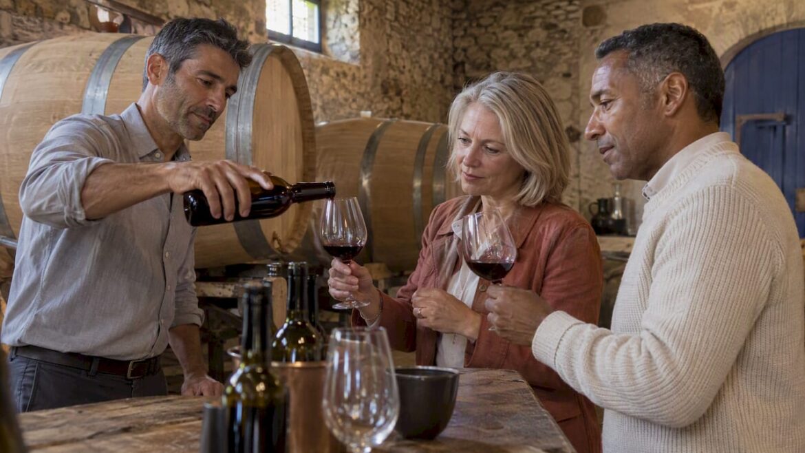 Guests taste wine in a Tuscan cellar