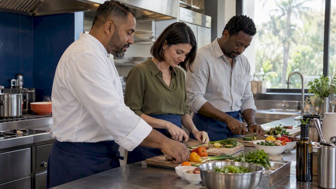 Retreat guests taking part in a chef-led cooking experience