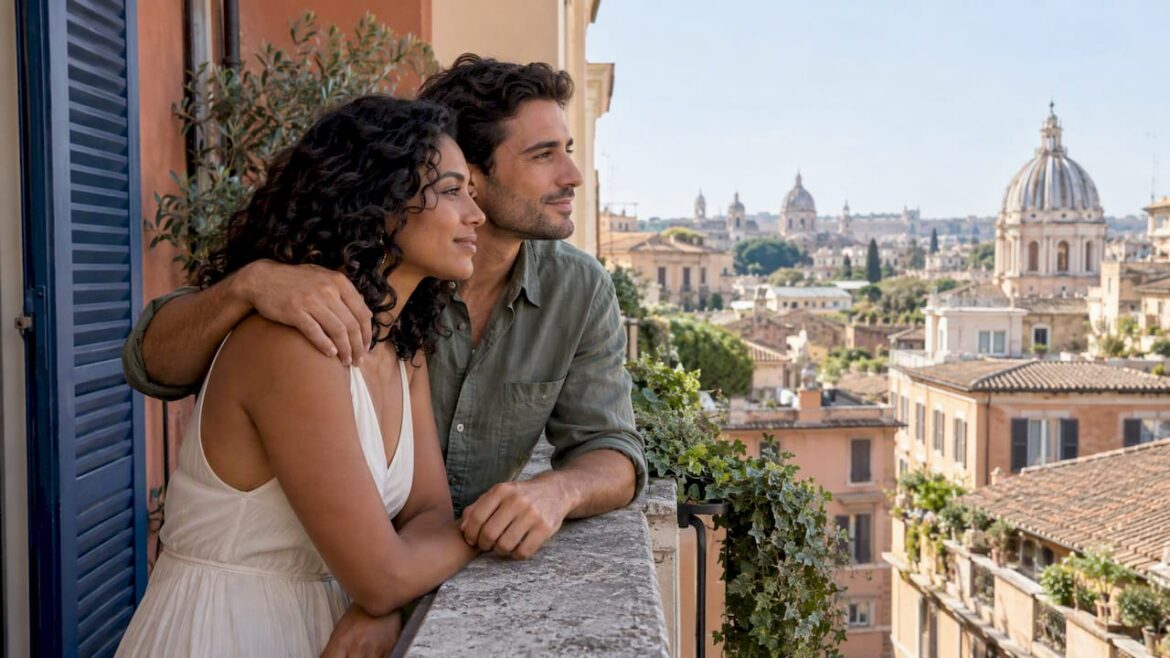 Newlyweds on a Rome hotel terrace