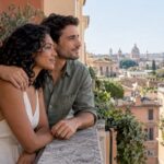 Newlyweds on a Rome hotel terrace